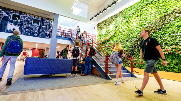 Students walking in Rose-Hulman's renovated Moench Hall.