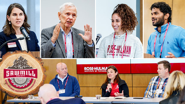 Image collage showing participants speaking and engaging at 2023 Rose-Hulman Sawmill Society weekend.