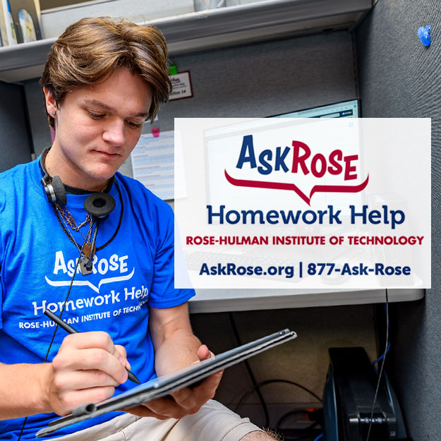 There are two images. The left image is a student, wearing an AskRose shirt and a headset, typing on a computer in the AskRose call center. The right image is the AskRose logo and contact information.