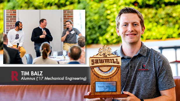 Left: Tim Balz speaks on a campus panel. Right: Tim Balz holds the Tom Mason Innovation Award in Mussallem Union.
