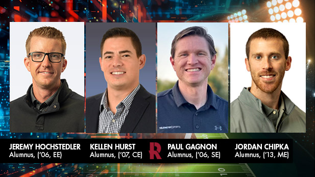 Profile collage photo of Jeremy Hochstedler (EE, 2006), Kellen Hurst (CE, 2007), Paul Gagnon (SE, 2006), and Jordan Chipka (ME, 2013)
