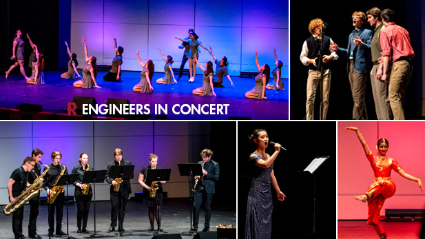 There are give images of groups of students perform their talents during Engineers in Concert, including dancing, singing, and playing saxophone.