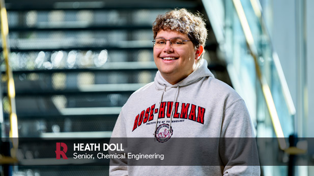 Heath Doll wears a grey Rose-Hulman sweatshirt in Hatfield Hall.