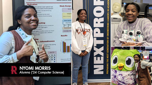 Left: Nyomi Morris grins and gives two thumbs up next to her research poster. Middle: Nyomi Morris stands next to a banner advertising an event. Top right: Nyomi Morris smiles and holds three small Nao robots to her chest. Bottom right: Nyomi Morris poses with the Duolingo owl mascot.