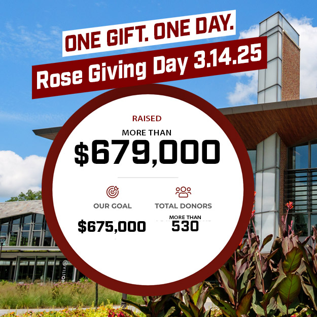 A graphic that reads: Rose Giving Day: Exceeding the goal of $675,000 from 533 donors
