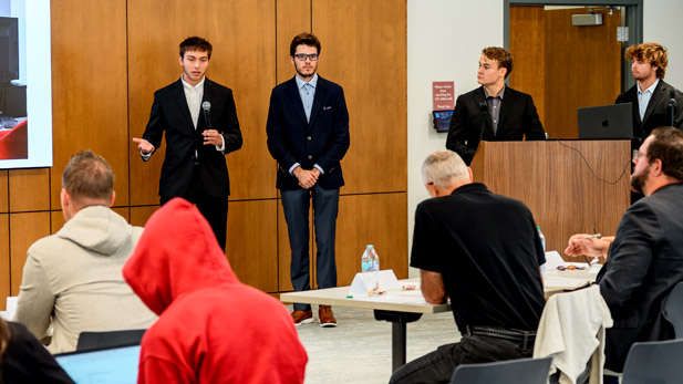 Students pitch their ideas to the audience at Rose-Hulman’s startup weekend.