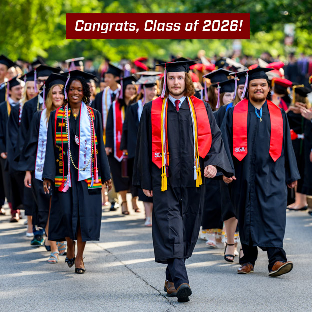 Commencement ceremony with confetti. A banner at the top of the image reads, “Congrats, Class of 2026!"