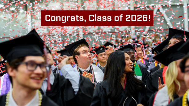 Commencement ceremony with confetti. A banner at the top of the image reads, “Congrats, Class of 2026!"
