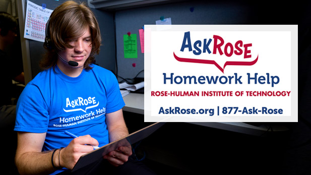 The collage image of a student wearing an AskRose shirt and a headset, typing on a computer in the AskRose call center and  the AskRose logo and contact information.