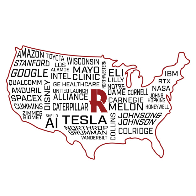 United States map with company names and Rose-Hulman logo.