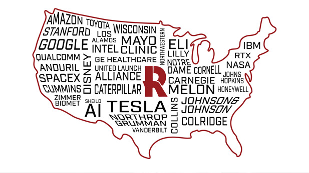 United States map with company names and Rose-Hulman logo.