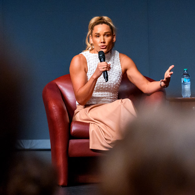 Lolo Jones speaks in Hatfield Hall with Kristen Loyd.