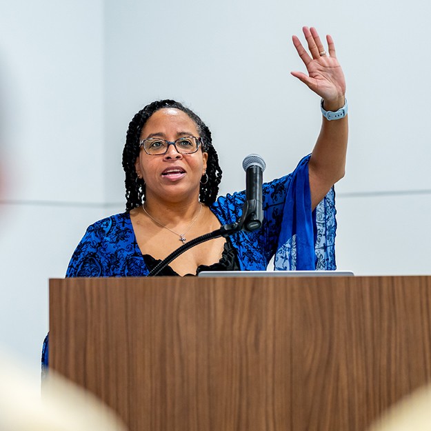 Author Michelle McGill-Vargas speaks in the Kahn Room.