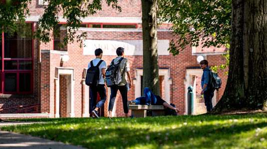 Two male students walking through the Root Quadrangle on a sunny day.