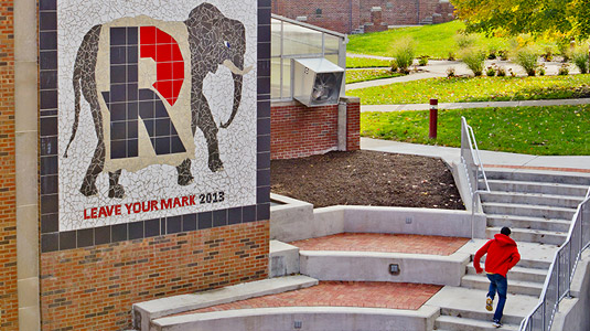 A student walks up the stairs between Crapo Hall and the Logan Library with a Rosie elephant mosaic on Crapo’s exterior wall. The mosaic reads “Leave Your Mark 2013.”